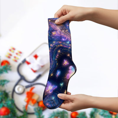 Neon Butterfly Galaxy Marble Print Socks, Adult Socks for Men and Women