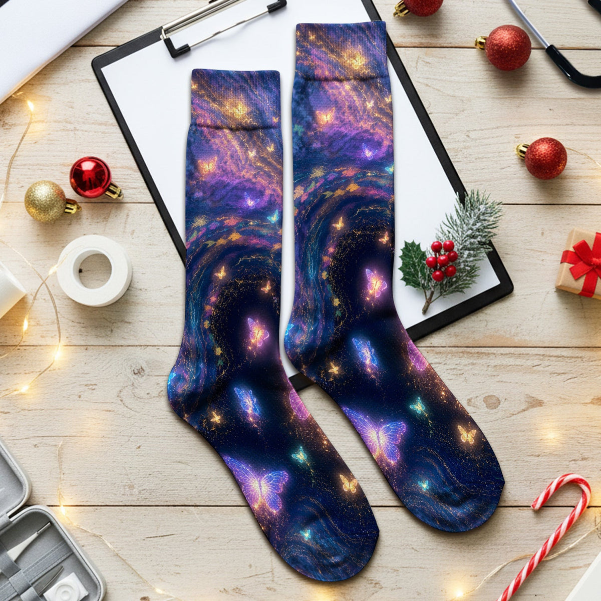 Neon Butterfly Galaxy Marble Print Socks, Adult Socks for Men and Women