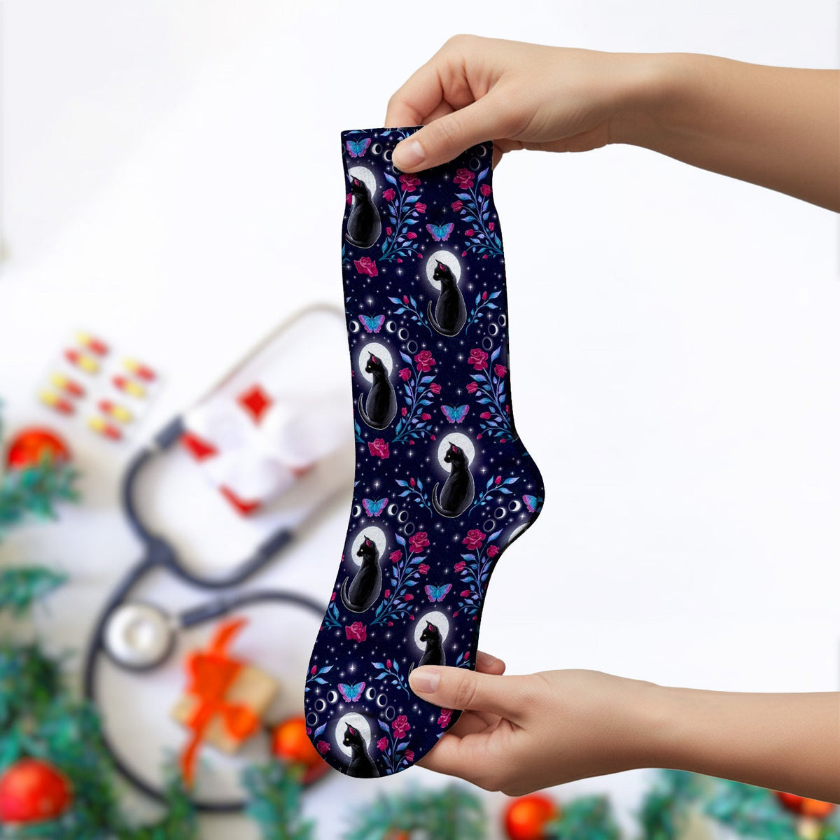 Black Cat Moon Rose Print Socks, Adult Socks for Men and Women
