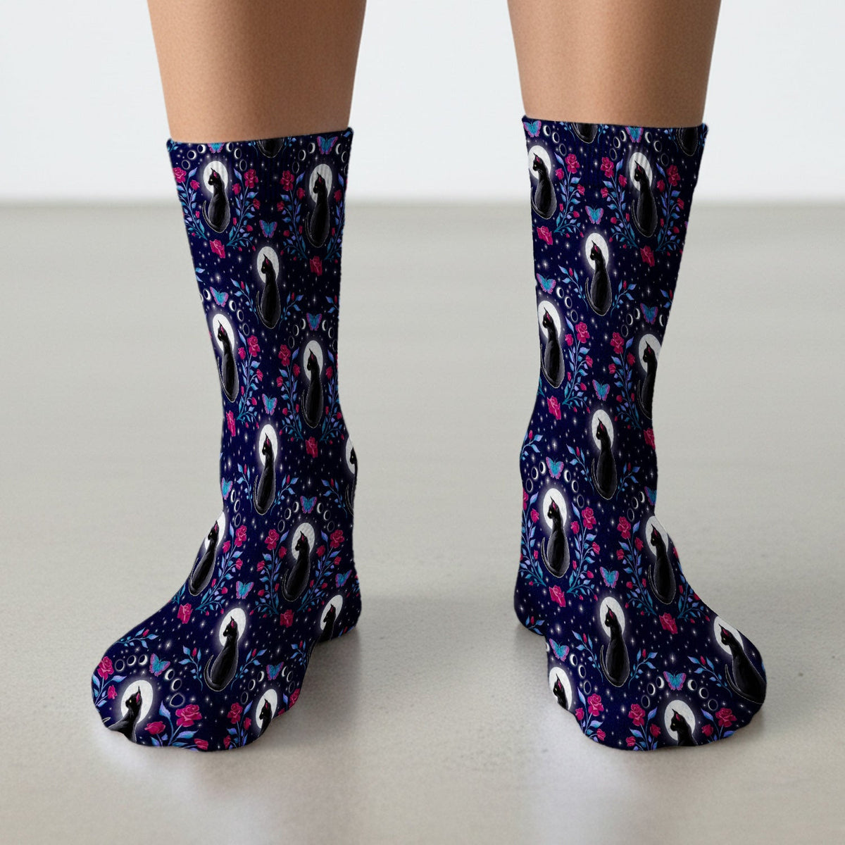 Black Cat Moon Rose Print Socks, Adult Socks for Men and Women