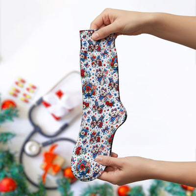 Patriotic Puppy Floral Bouquet Pattern Socks, Adult Socks for Men and Women