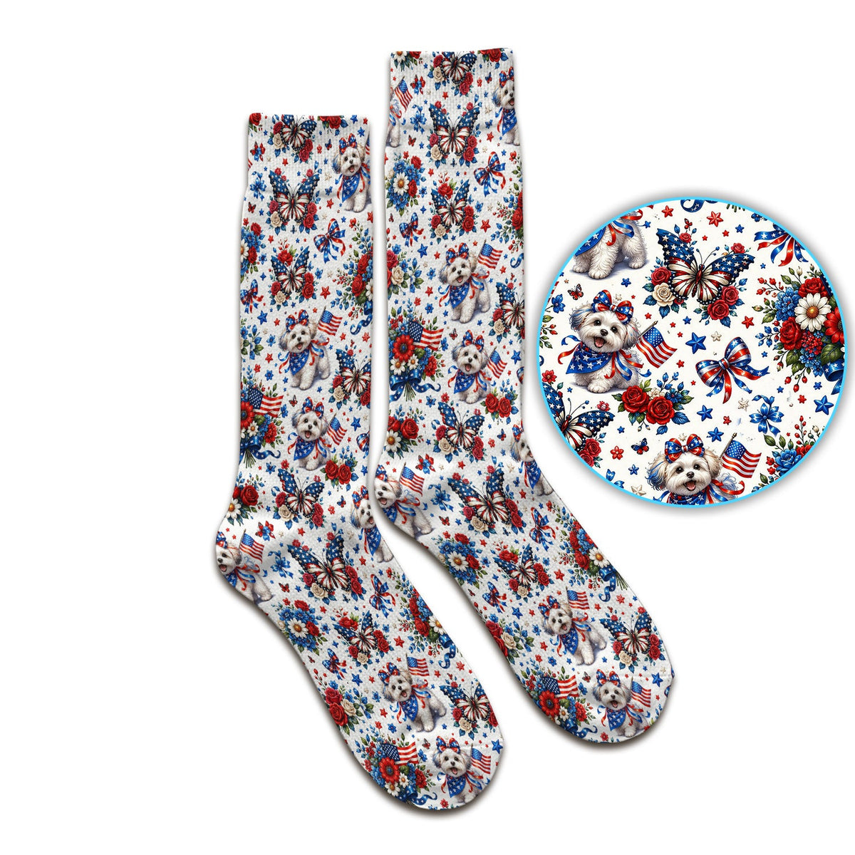 Patriotic Puppy Floral Bouquet Pattern Socks, Adult Socks for Men and Women