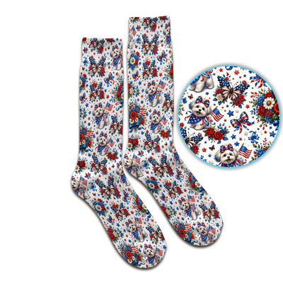 Patriotic Puppy Floral Bouquet Pattern Socks, Adult Socks for Men and Women