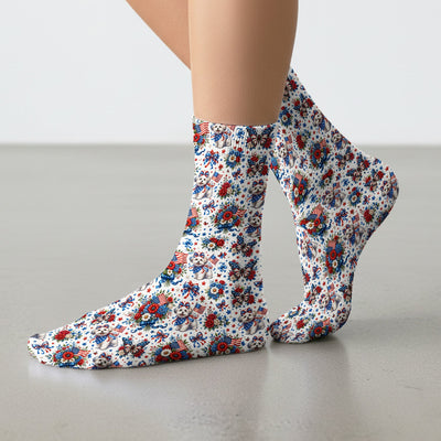 Patriotic Puppy Floral Bouquet Pattern Socks, Adult Socks for Men and Women