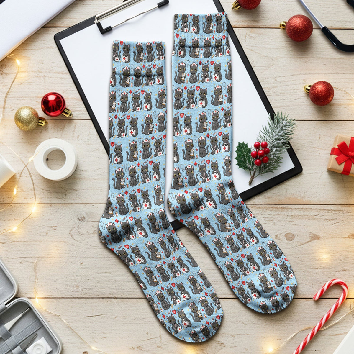 Black Cat Nurse Medical Icons Socks, Adult Socks for Men and Women