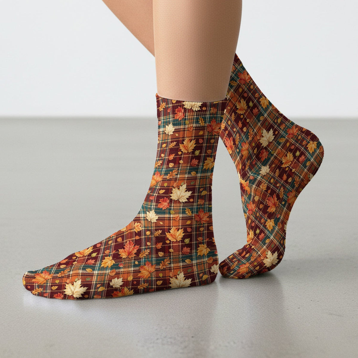 Autumn Plaid And Maple Leaves Socks, Adult Socks for Men and Women