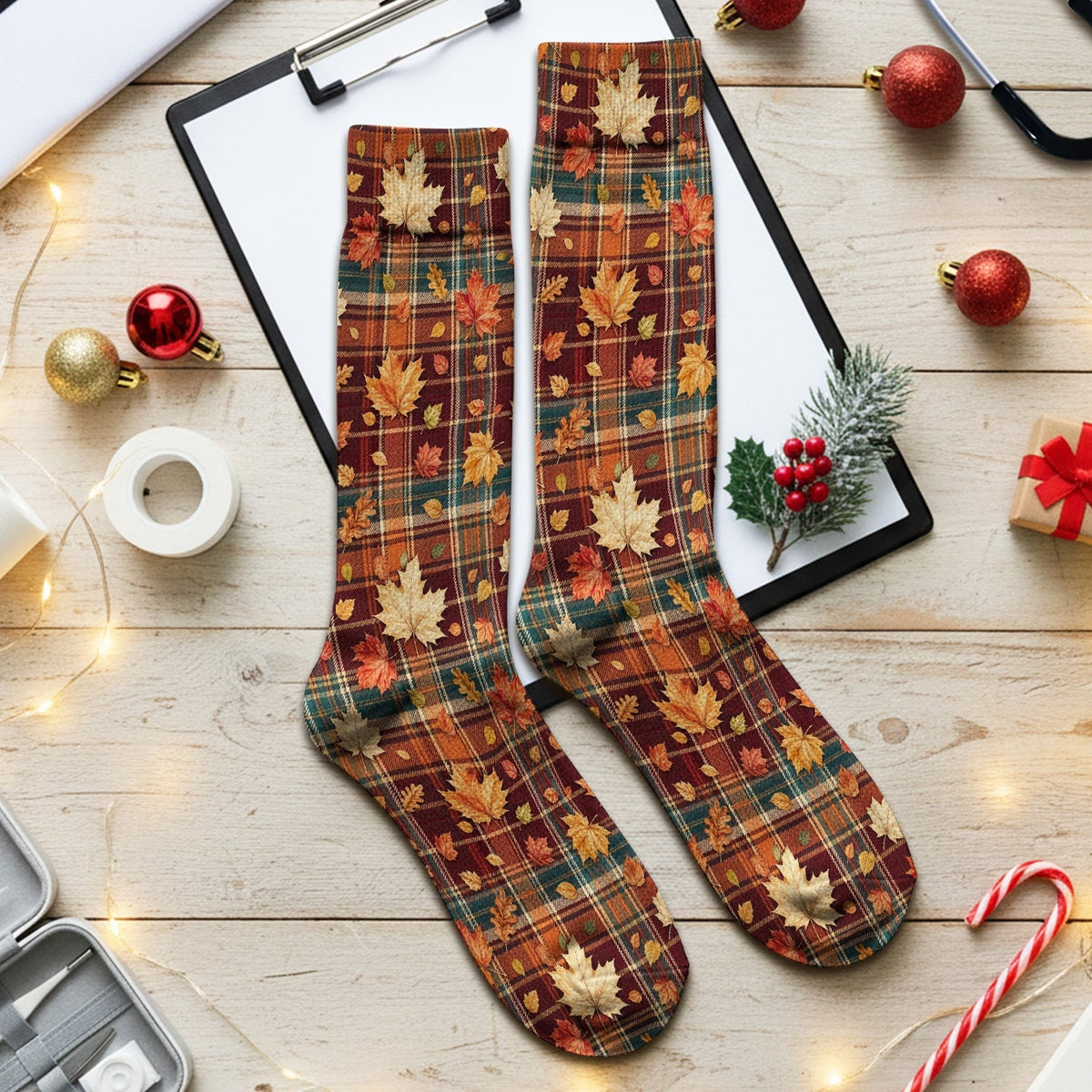 Autumn Plaid And Maple Leaves Socks, Adult Socks for Men and Women