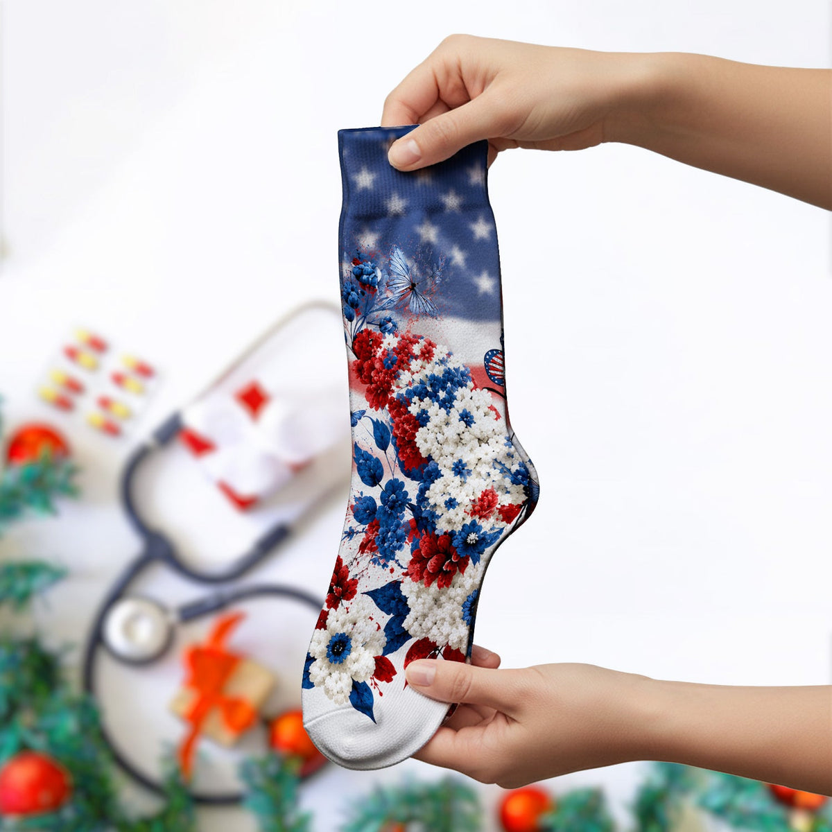 Patriotic Butterfly with Floral Print Socks, Adult Socks for Men and Women
