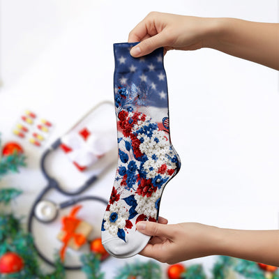 Patriotic Butterfly with Floral Print Socks, Adult Socks for Men and Women
