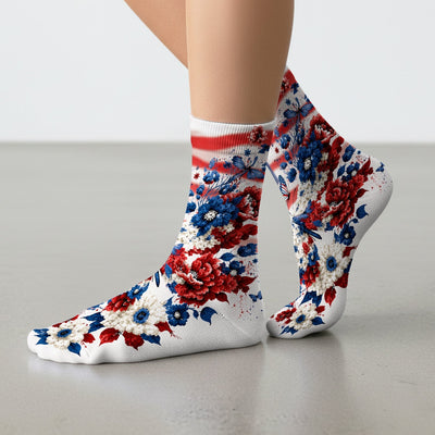 Patriotic Butterfly with Floral Print Socks, Adult Socks for Men and Women