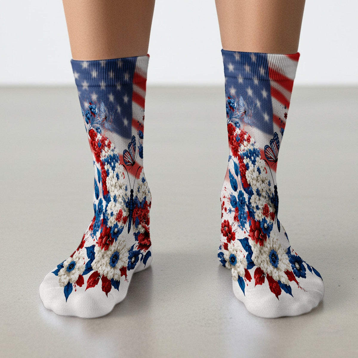 Patriotic Butterfly with Floral Print Socks, Adult Socks for Men and Women