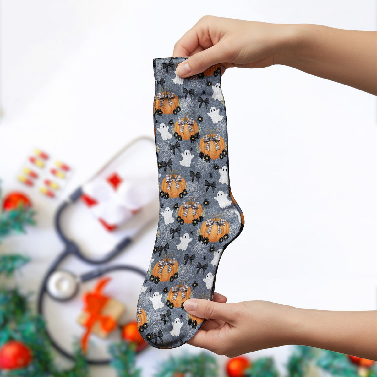 Cute Halloween Ghost And Pumpkin Socks, Adult Socks for Men and Women