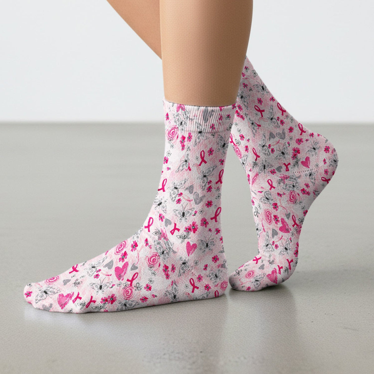 Breast Cancer Awareness Butterfly Floral Socks, Adult Socks for Men and Women