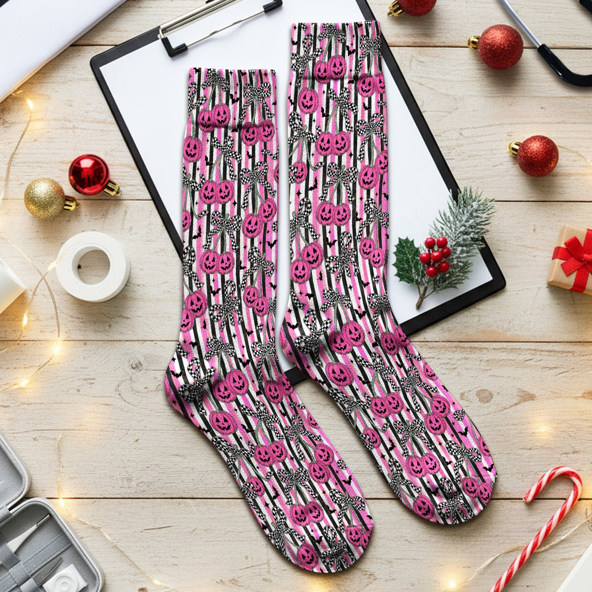 Halloween Bow Stripe Print Socks, Adult Socks for Men and Women