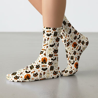 Halloween Black Cat with Ghost Candy Print Socks, Adult Socks for Men and Women