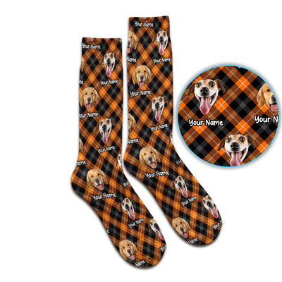 Personalized Halloween Dog Photo Plaid Socks, Adult Socks for Men and Women