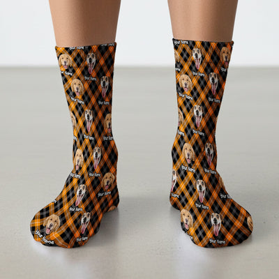 Personalized Halloween Dog Photo Plaid Socks, Adult Socks for Men and Women
