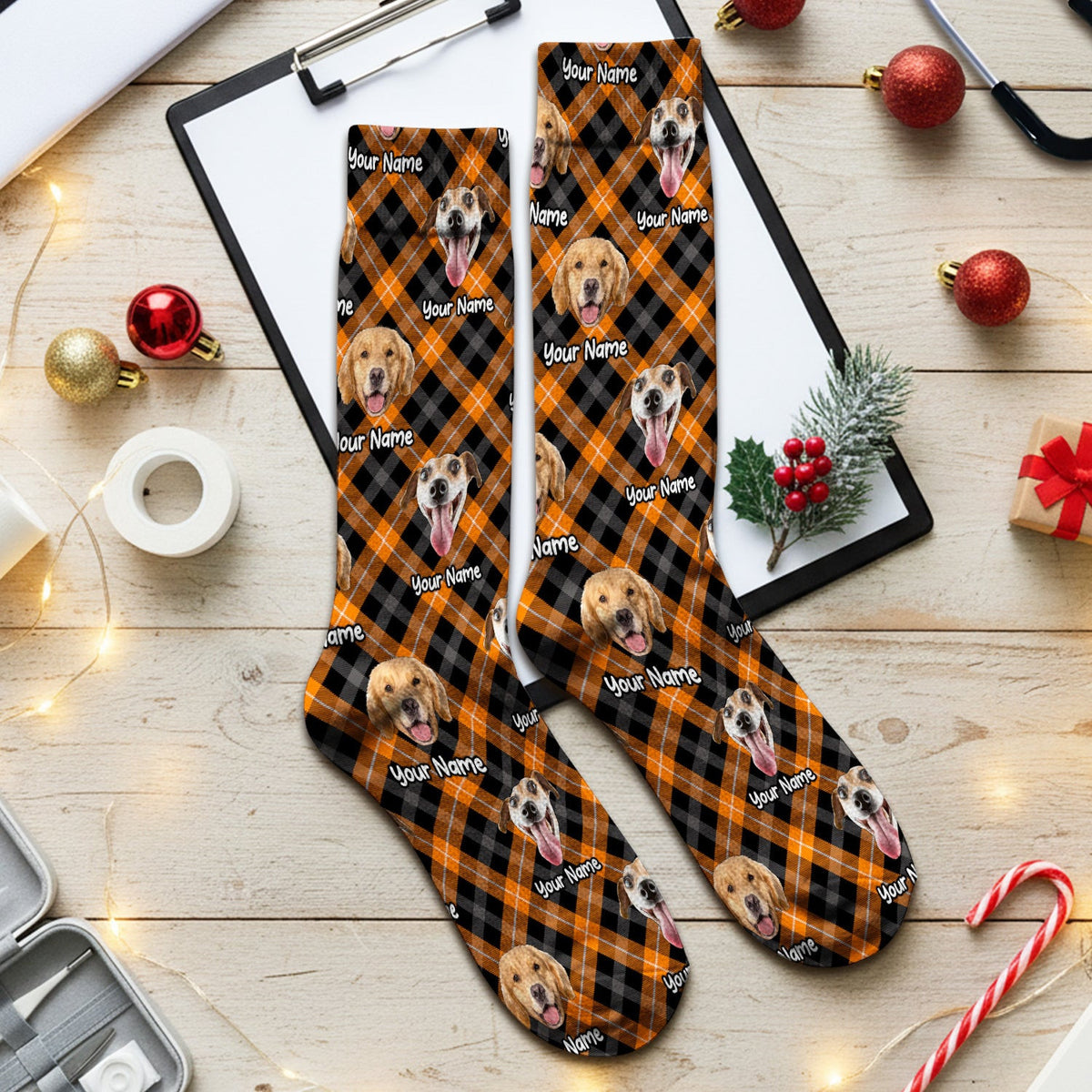 Personalized Halloween Dog Photo Plaid Socks, Adult Socks for Men and Women