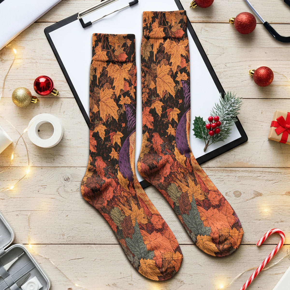 Autumn Cat with Fall Leaves Socks, Adult Socks for Men and Women