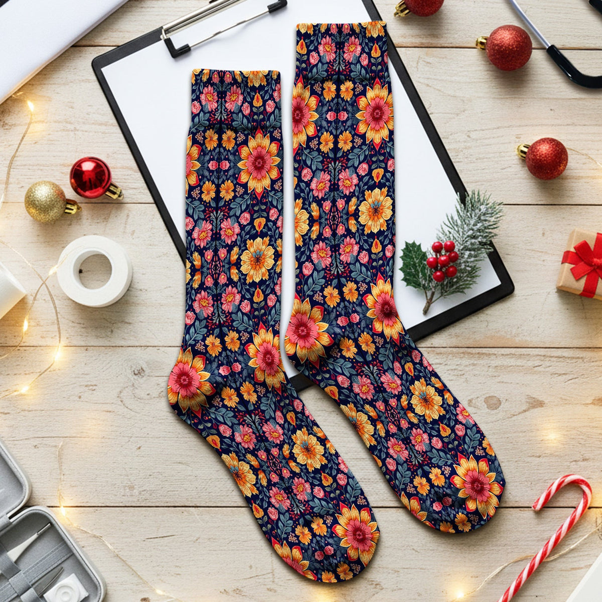 Elegant Dark Floral Pattern Socks, Adult Socks for Men and Women