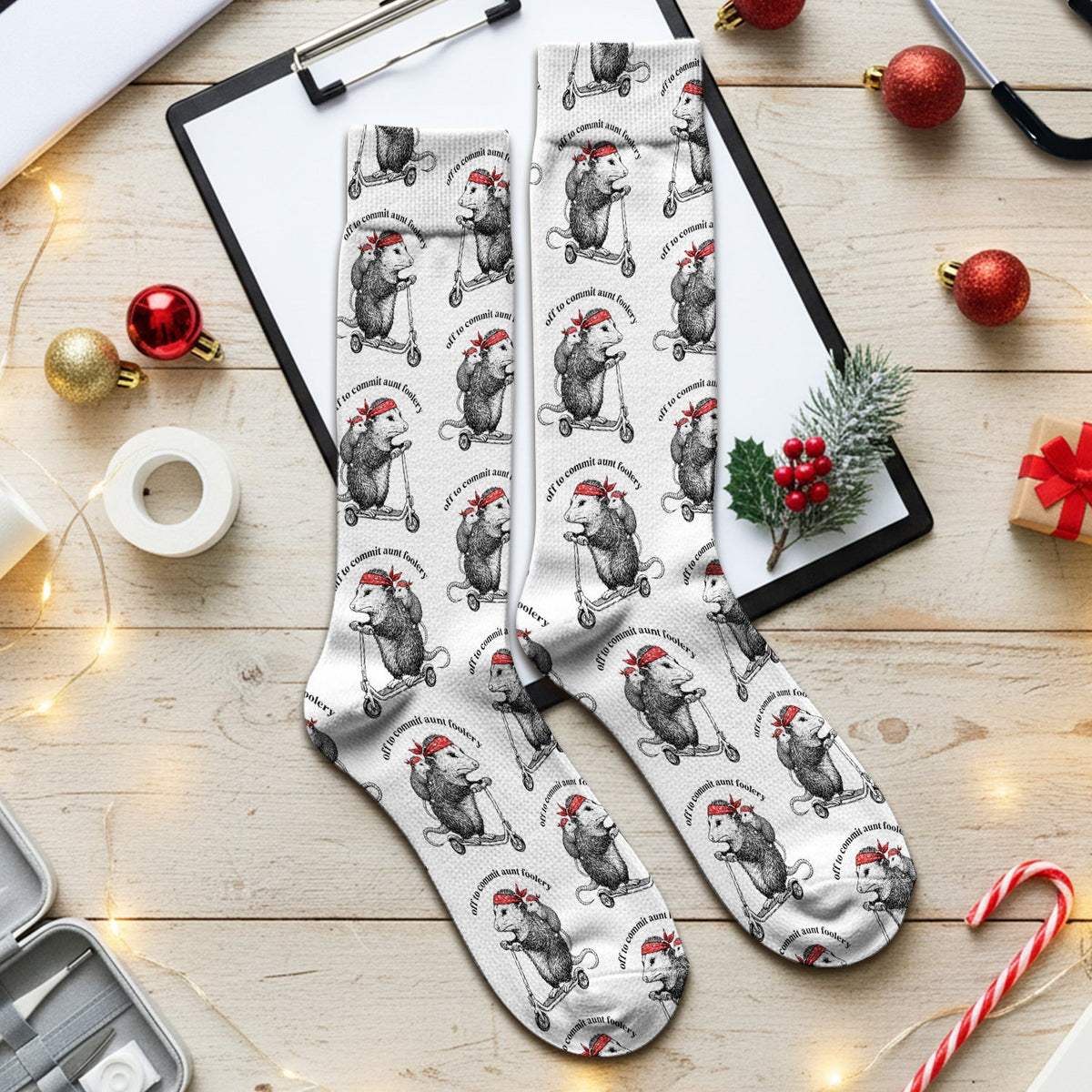 Aunt Foolery Opossum Pattern Socks, Adult Socks for Men and Women