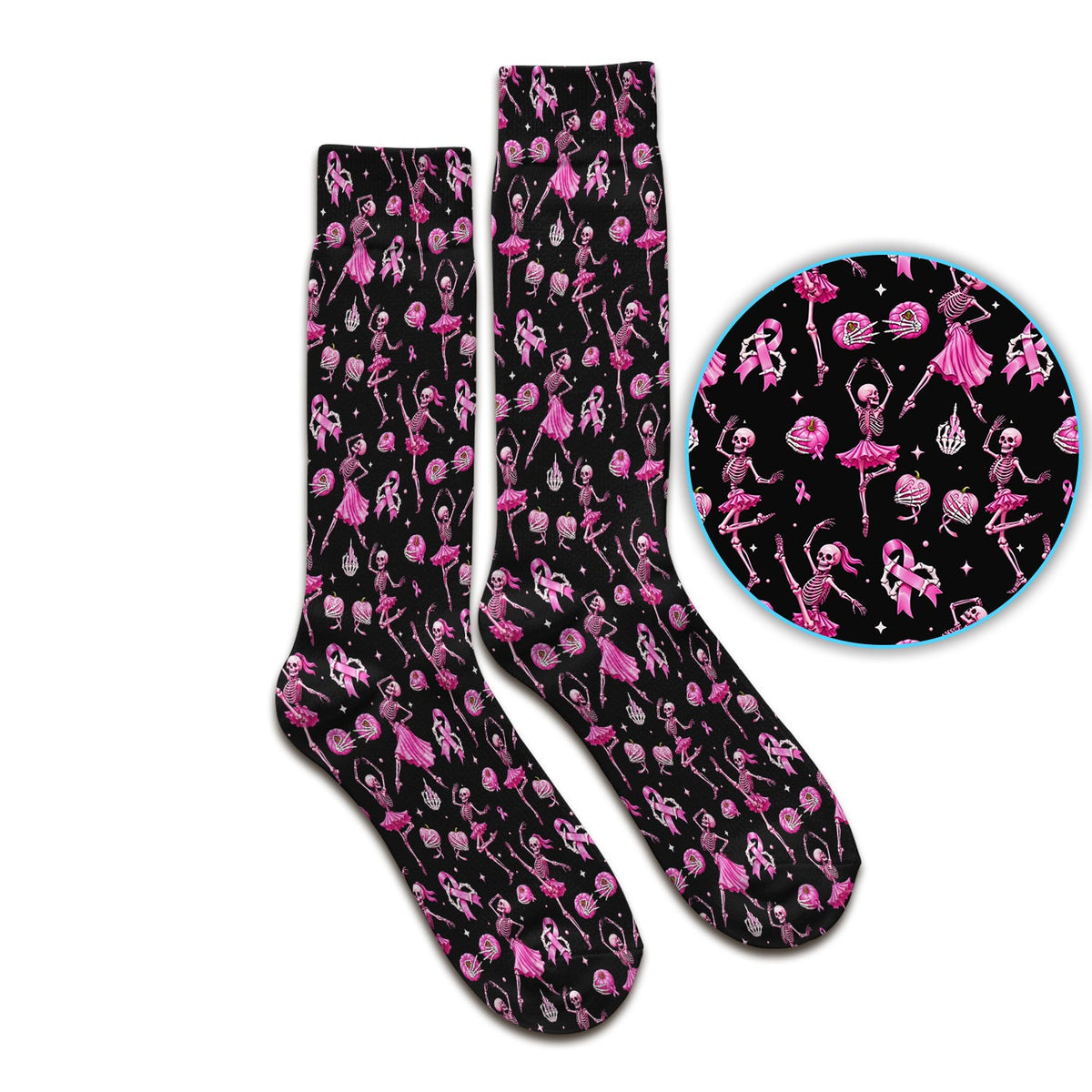 Pink Ribbon Skeleton Ballerina Print Socks, Adult Socks for Men and Women