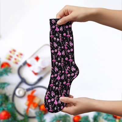 Pink Ribbon Skeleton Ballerina Print Socks, Adult Socks for Men and Women