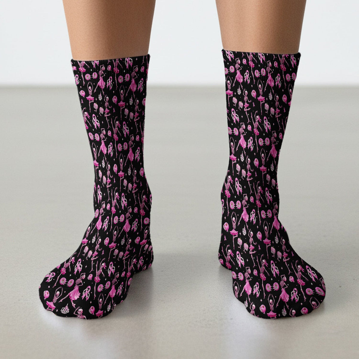 Pink Ribbon Skeleton Ballerina Print Socks, Adult Socks for Men and Women