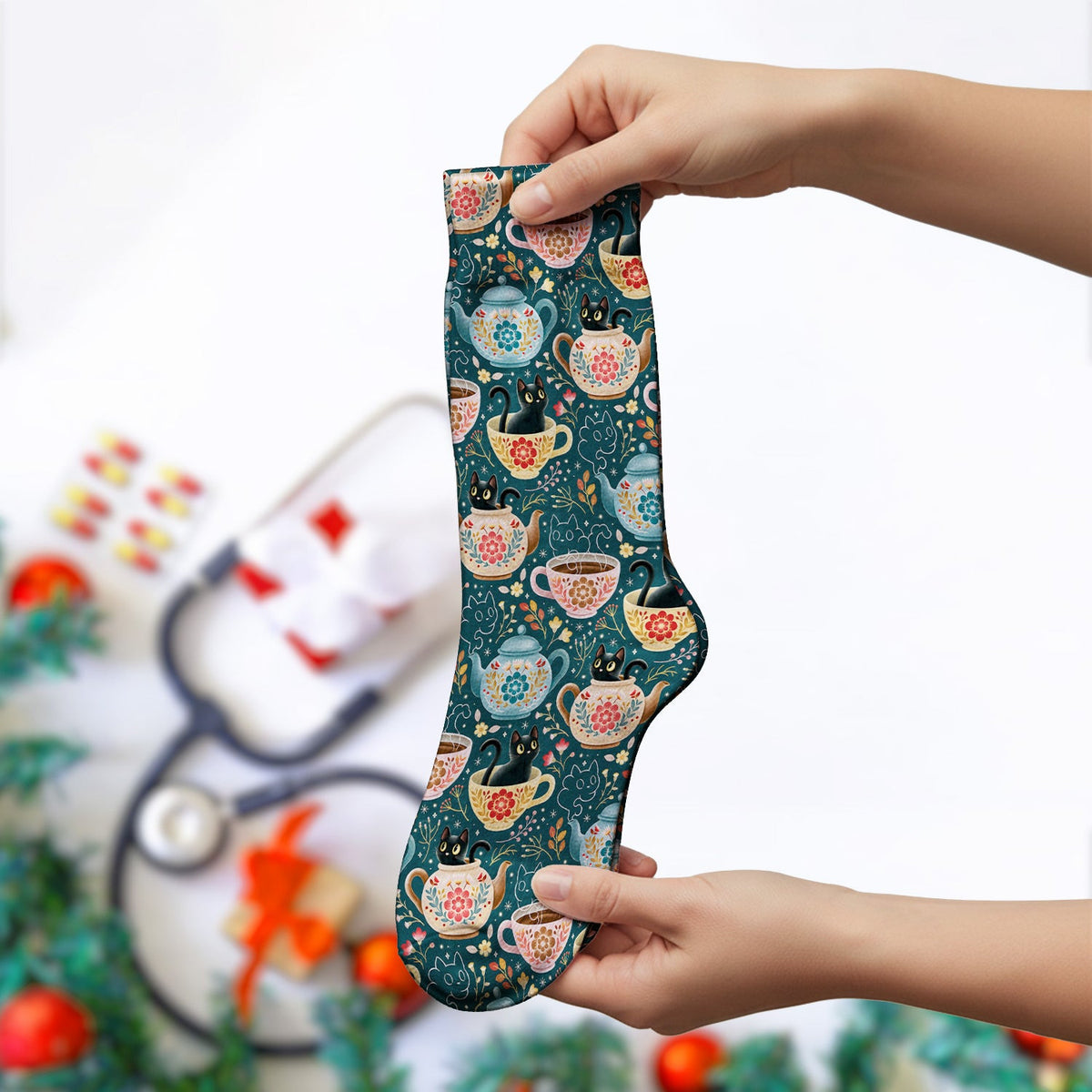 Black Cat Tea Party Veterinary Pattern Socks, Adult Socks for Men and Women