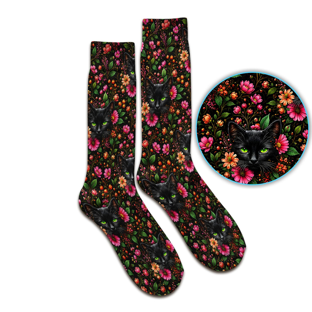 Adorable Black Cat Blossom Pattern Socks, Adult Socks for Men and Women