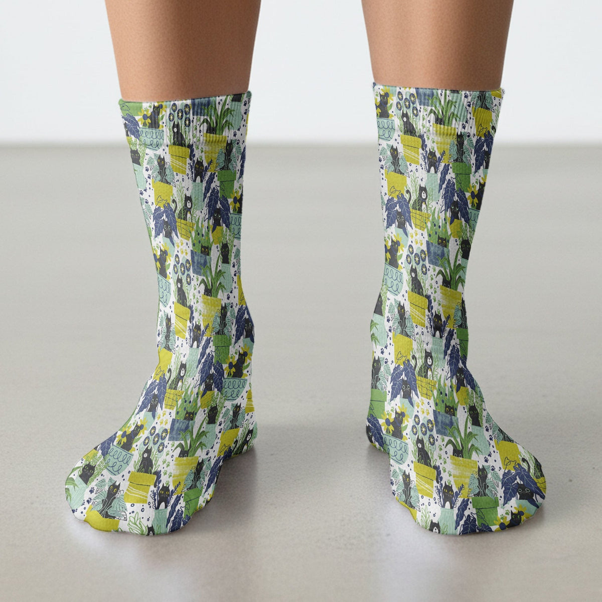 Black Cat Planter Garden Pattern Socks, Adult Socks for Men and Women