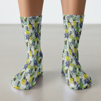 Black Cat Planter Garden Pattern Socks, Adult Socks for Men and Women