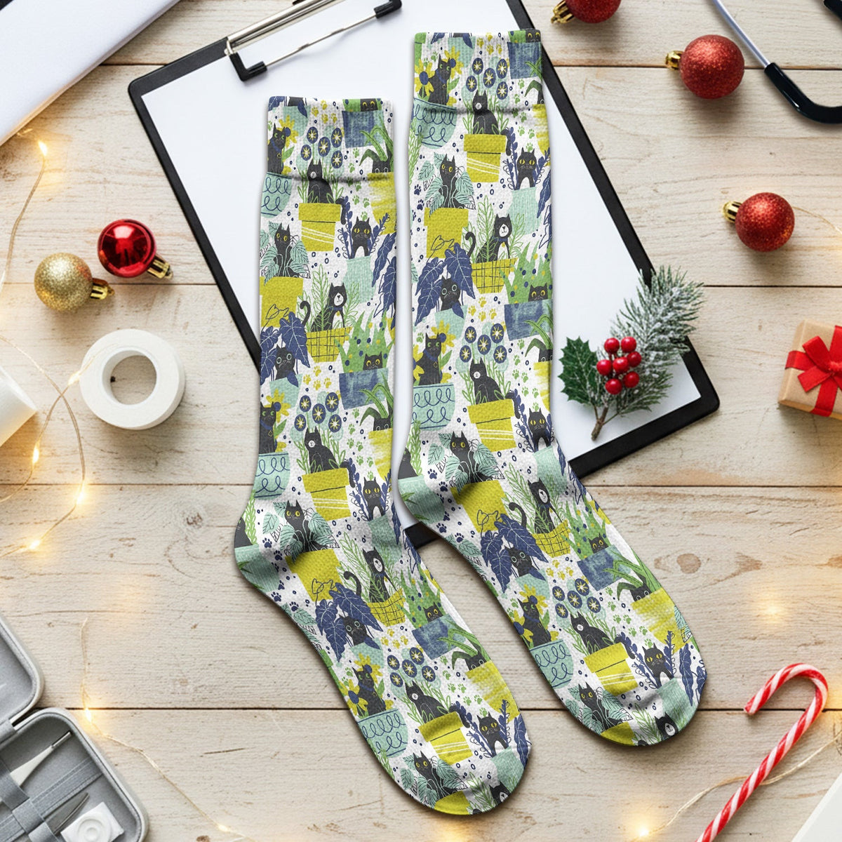 Black Cat Planter Garden Pattern Socks, Adult Socks for Men and Women