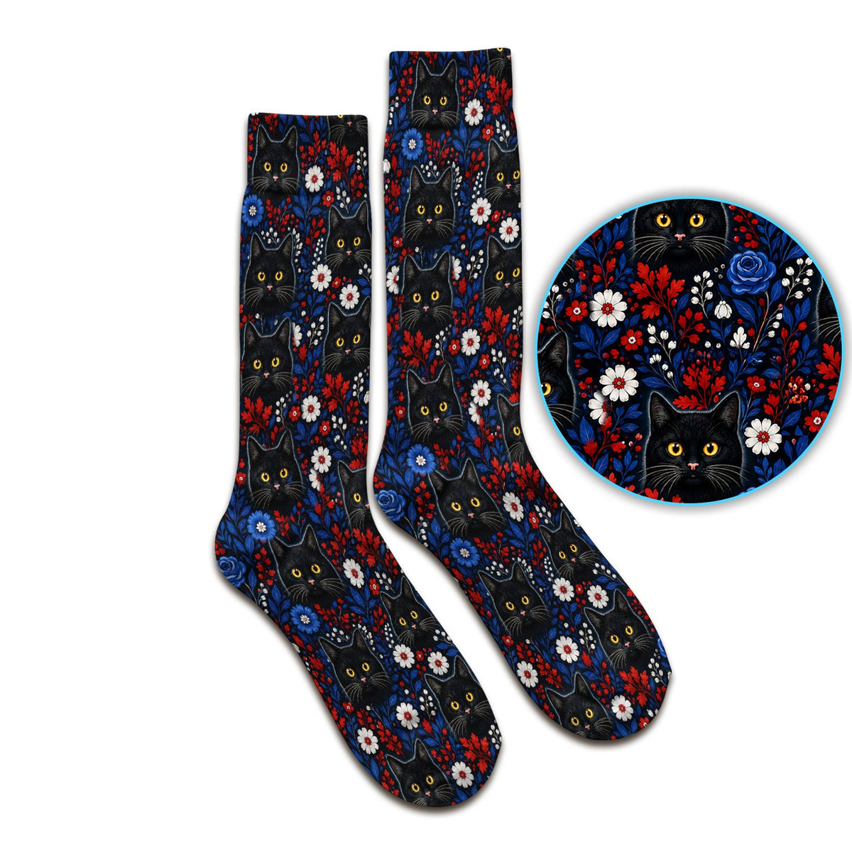 Black Cat Floral Nurse Pattern Socks, Adult Socks for Men and Women