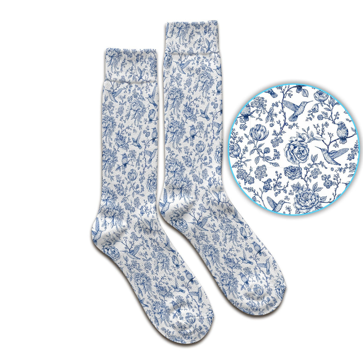 Blue Toile Hummingbird Floral Pattern Socks, Adult Socks for Men and Women