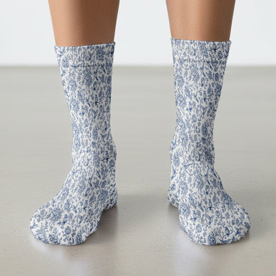 Blue Toile Hummingbird Floral Pattern Socks, Adult Socks for Men and Women