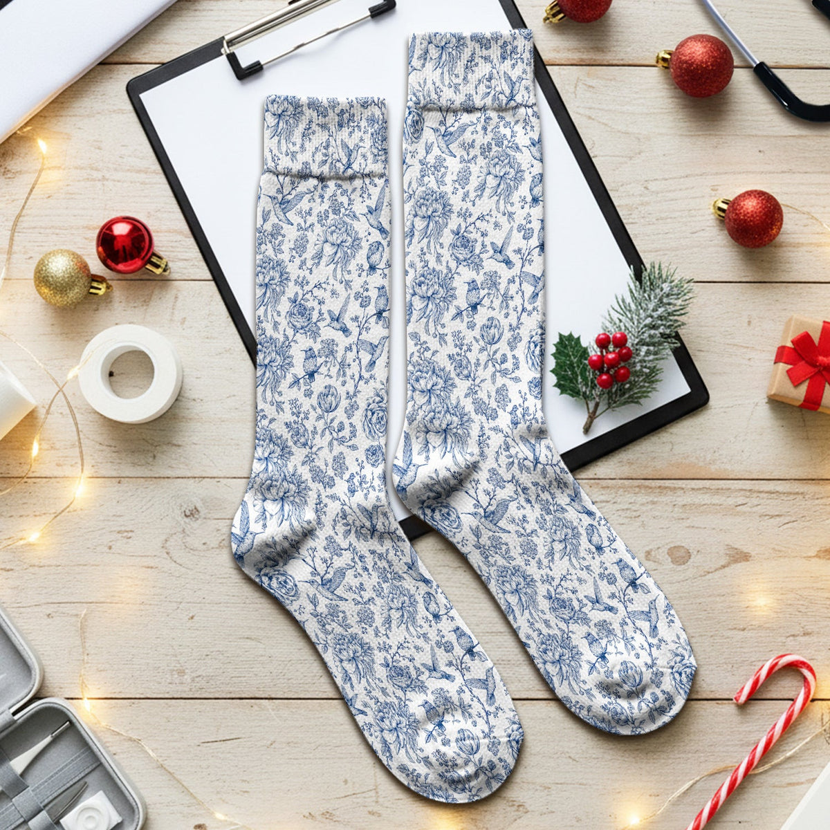 Blue Toile Hummingbird Floral Pattern Socks, Adult Socks for Men and Women