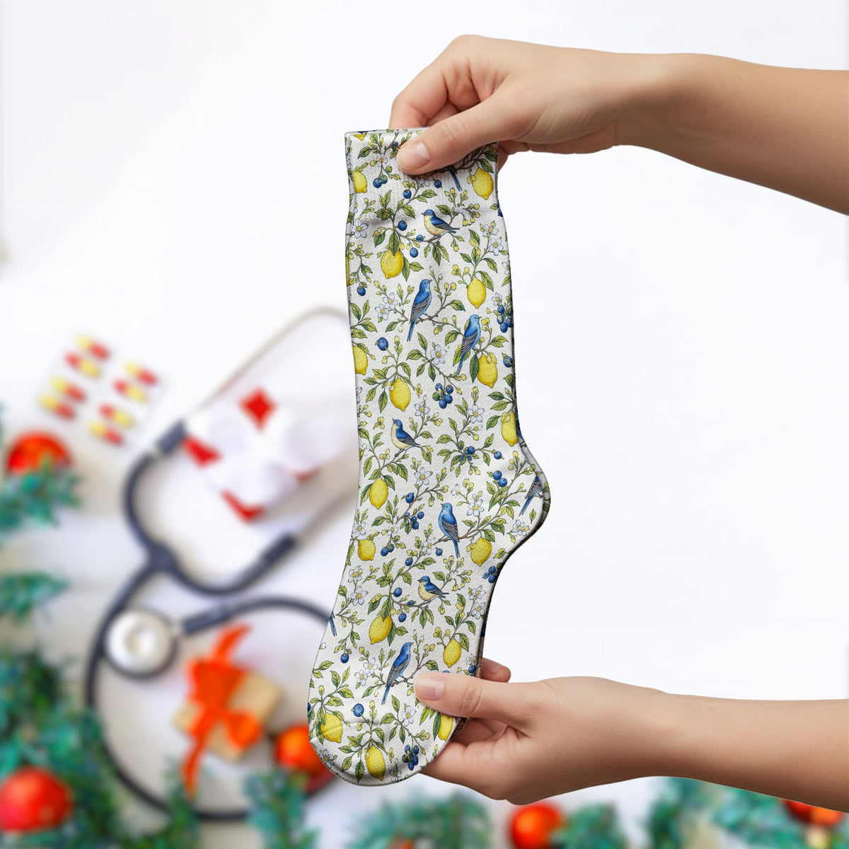 Bluebird Lemon Blossom Pattern Socks, Adult Socks for Men and Women