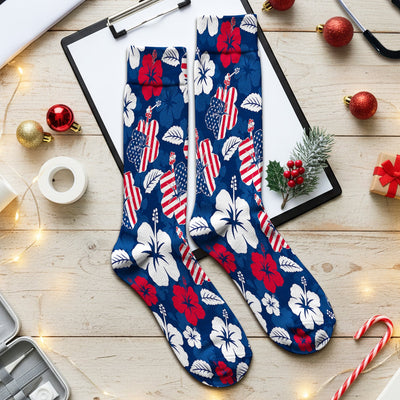 Patriotic Hibiscus Flag Floral Print Socks, Adult Socks for Men and Women