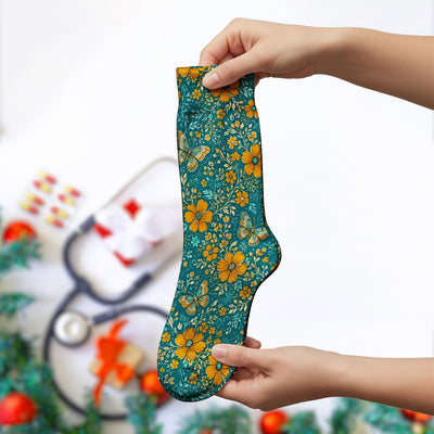 Orange Floral Butterfly Vine Pattern Socks, Adult Socks for Men and Women