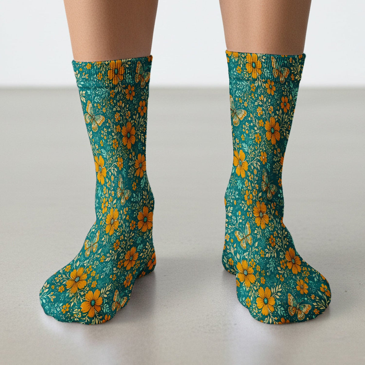 Orange Floral Butterfly Vine Pattern Socks, Adult Socks for Men and Women