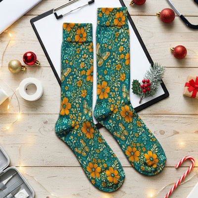 Orange Floral Butterfly Vine Pattern Socks, Adult Socks for Men and Women