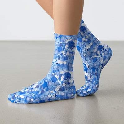 Blue Seashell Starfish Ocean Pattern Socks, Adult Socks for Men and Women