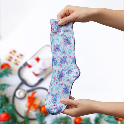 Cute Sea Turtle Floral Print Socks, Adult Socks for Men and Women