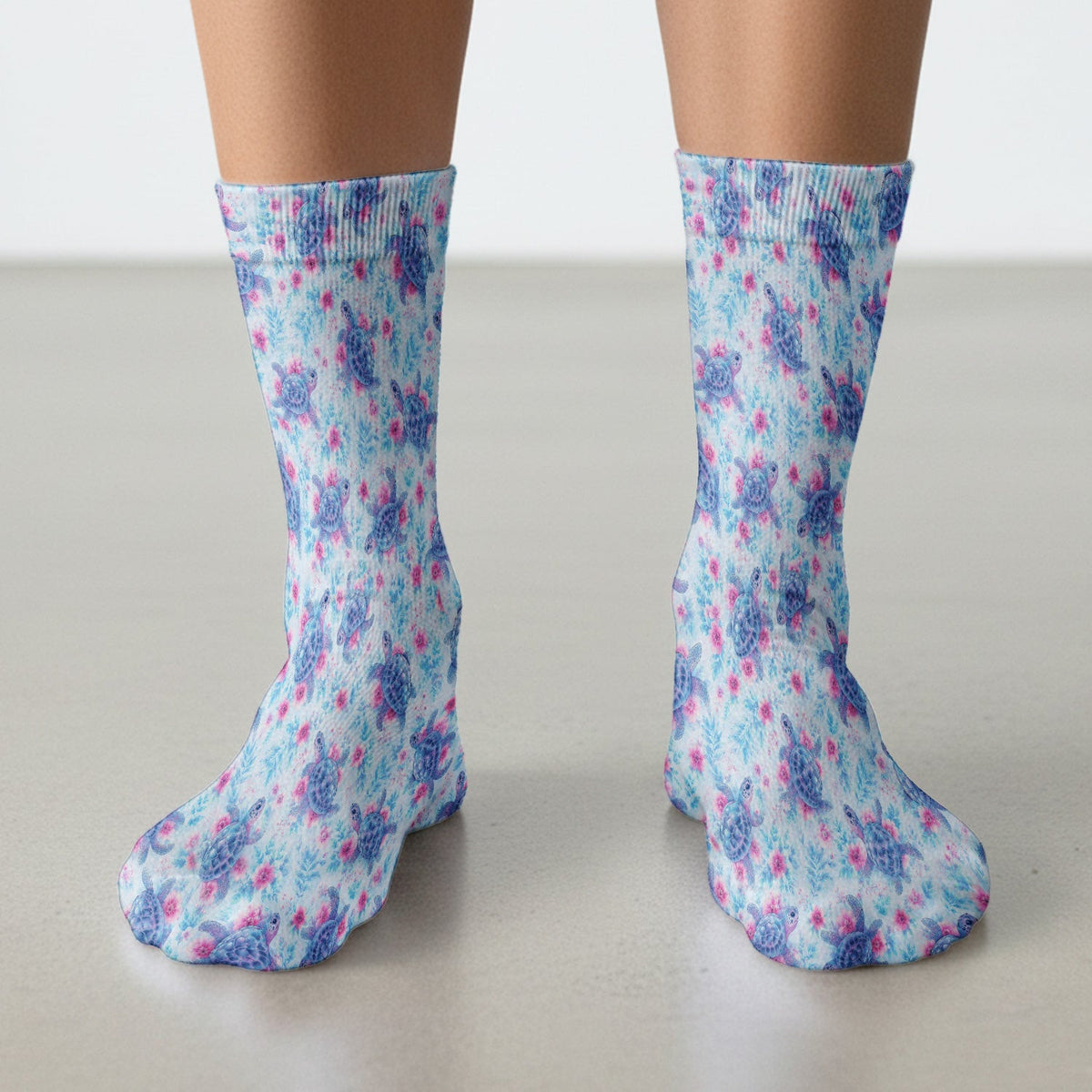 Cute Sea Turtle Floral Print Socks, Adult Socks for Men and Women