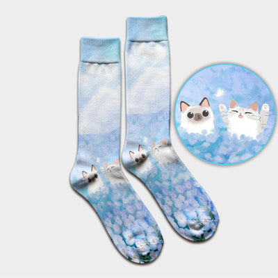 Dreamy Cat Cloud Hydrangea Sky Pattern Socks, Adult Socks for Men and Women
