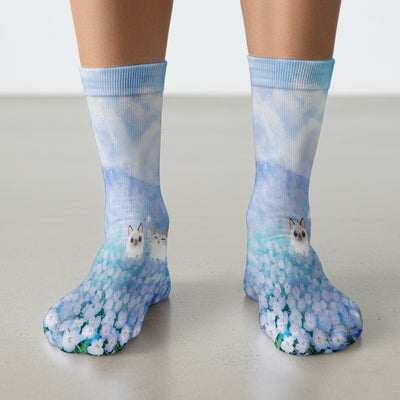 Dreamy Cat Cloud Hydrangea Sky Pattern Socks, Adult Socks for Men and Women