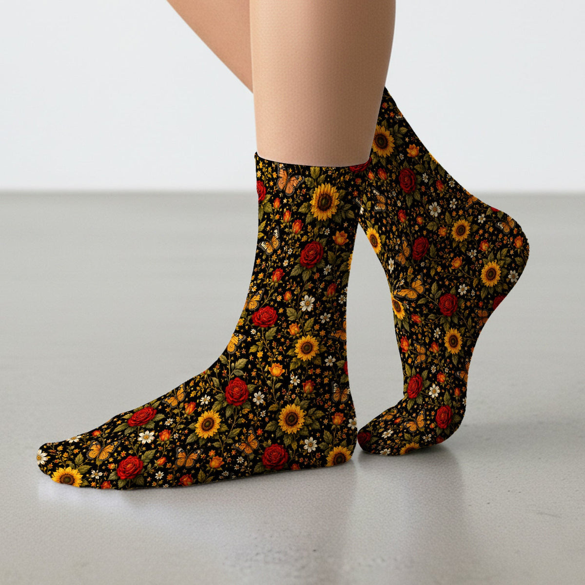 Autumn Sunflower Rose Butterfly Pattern Socks, Adult Socks for Men and Women