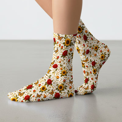 Autumn Sunflower Rose Butterfly Pattern Socks, Adult Socks for Men and Women