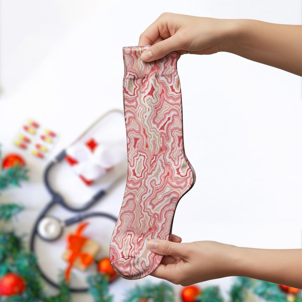 Pink Marble Swirl Abstract Pattern Socks, Adult Socks for Men and Women